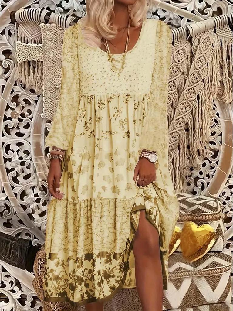 2025 Langärmeliges bedrucktes Rundhalskleid für Damen - Frühling und Herbst