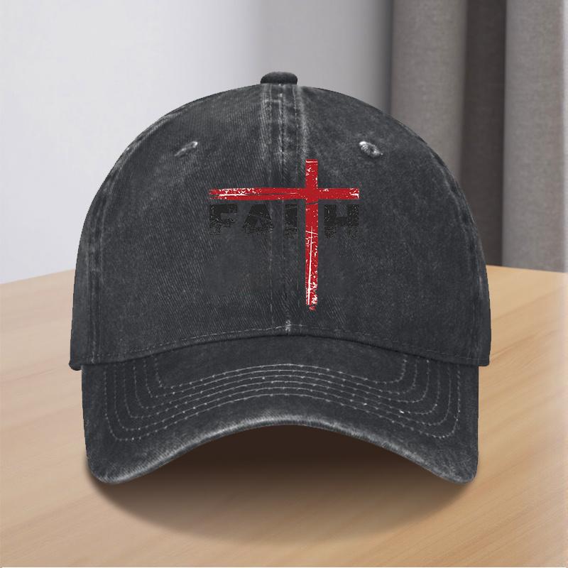 Faith Cross Distressed Print Baseball Cap Polyester Casual Washed Style Adjustable Hat for Adults