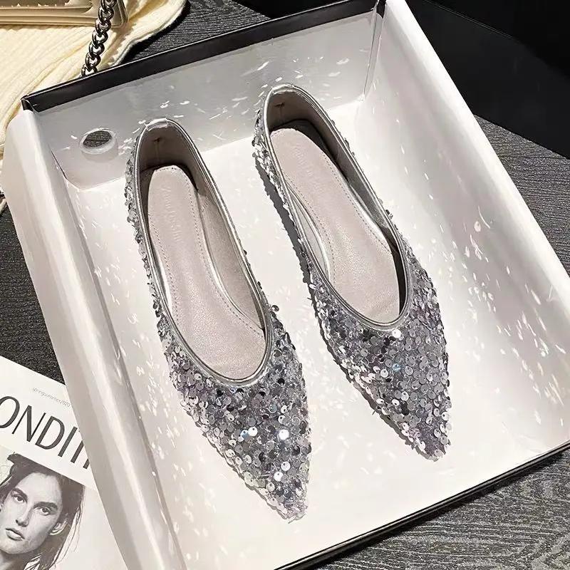Fashion Women's Flat Shoes Pointed Toe Silver Elegant Party Black Ladies Footwear Low Heel Luxury Brand Fashionable Slip On Promotion 39