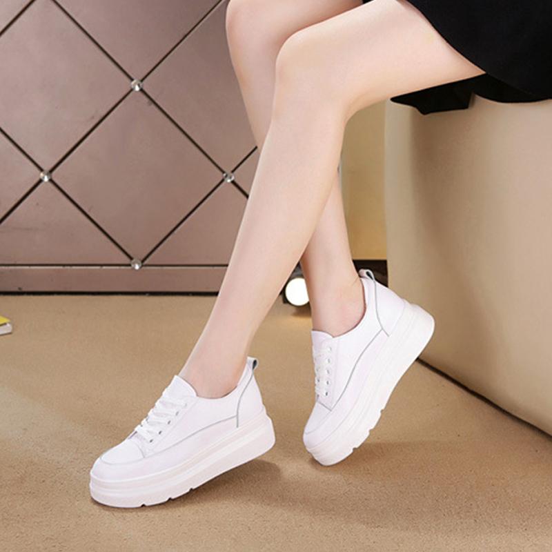 Genuine Leather White Shoes Women Sneakers Thick Sole Height Increasing 5cm Casual Ladies Soft Comfortable