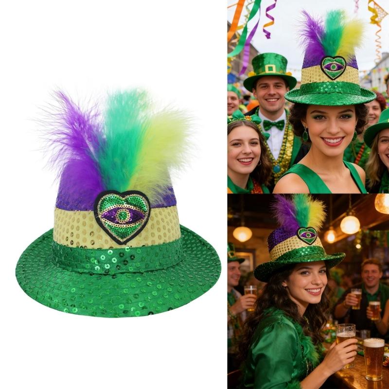 StPatricks Day Top Hat Glittering Feather Jazz Cap for Women Men Carnivals Party Festival Event Gathering Headpiece