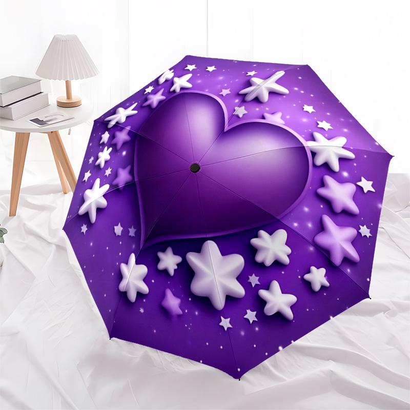 1pc Purple Heart Stars Automatic Folding Umbrella - Portable Collapsible Design, 8-Rib Iron Frame, Durable Fabric Yy251125052