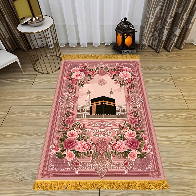 Floral Tassel Prayer Rug, Lightweight Portable Non-Slip Prayer Mat, Islamic Worship Rug for Home Decor