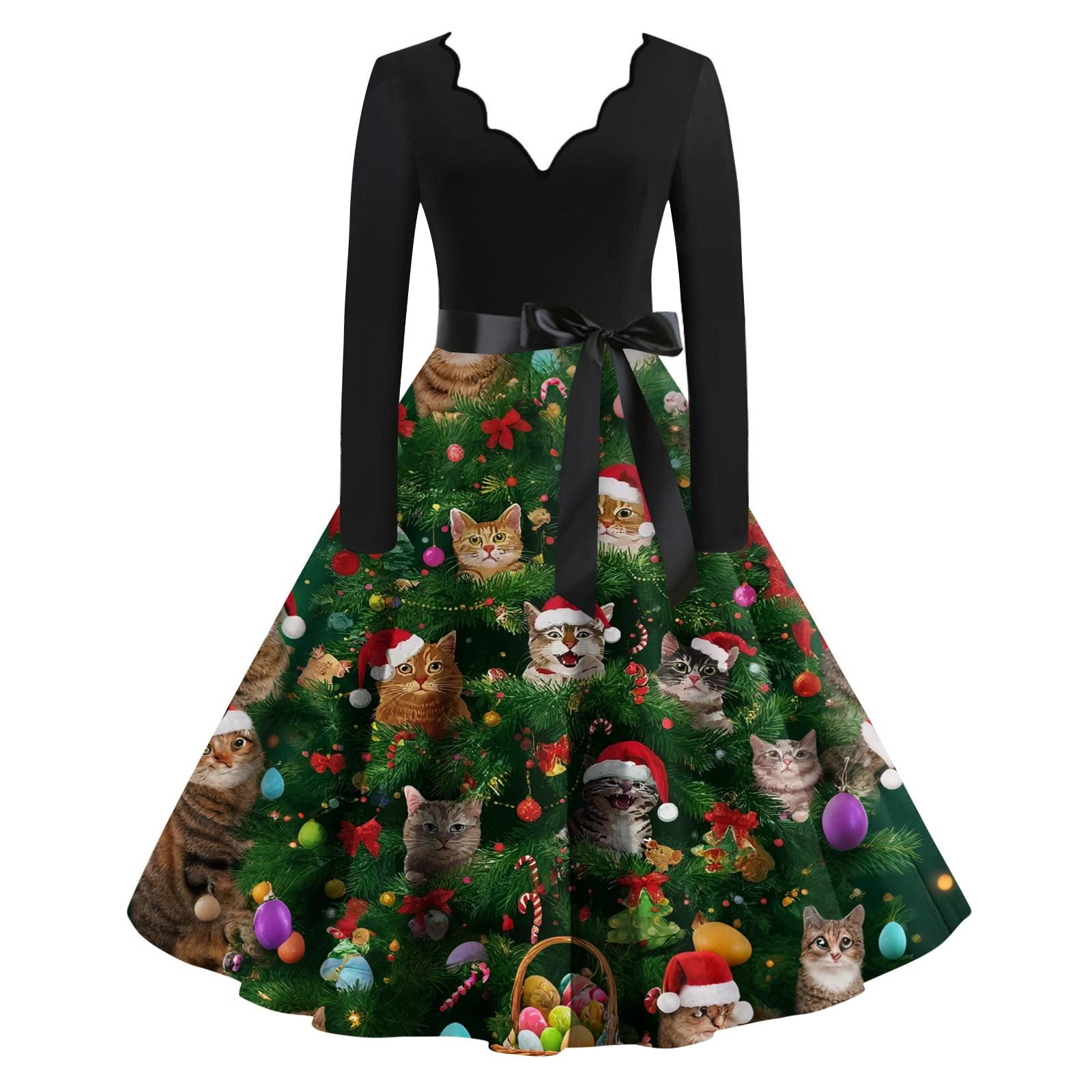 

Женское повседневное и модное платье с V-образным вырезом, длинными рукавами и рождественским принтом XXXXL