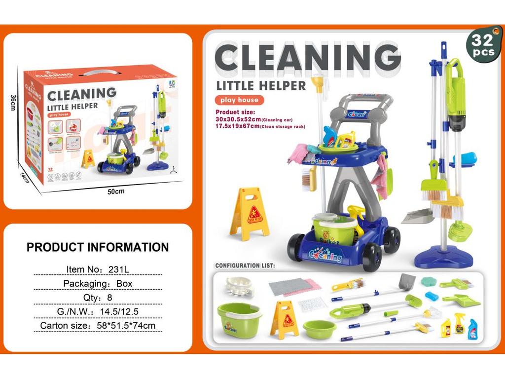 Kids' Cleaning Trolley Set: Pretend Play Vacuum, Broom, Mop & Hygiene Tools