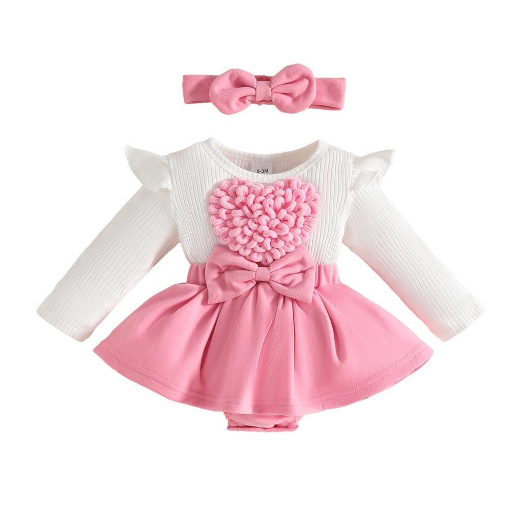 3D Heart Long-Sleeve Dress with Headband for Baby Girls, Ages 0-1, Wool Skirt Hem, with Open Crotch for Autumn/Winter