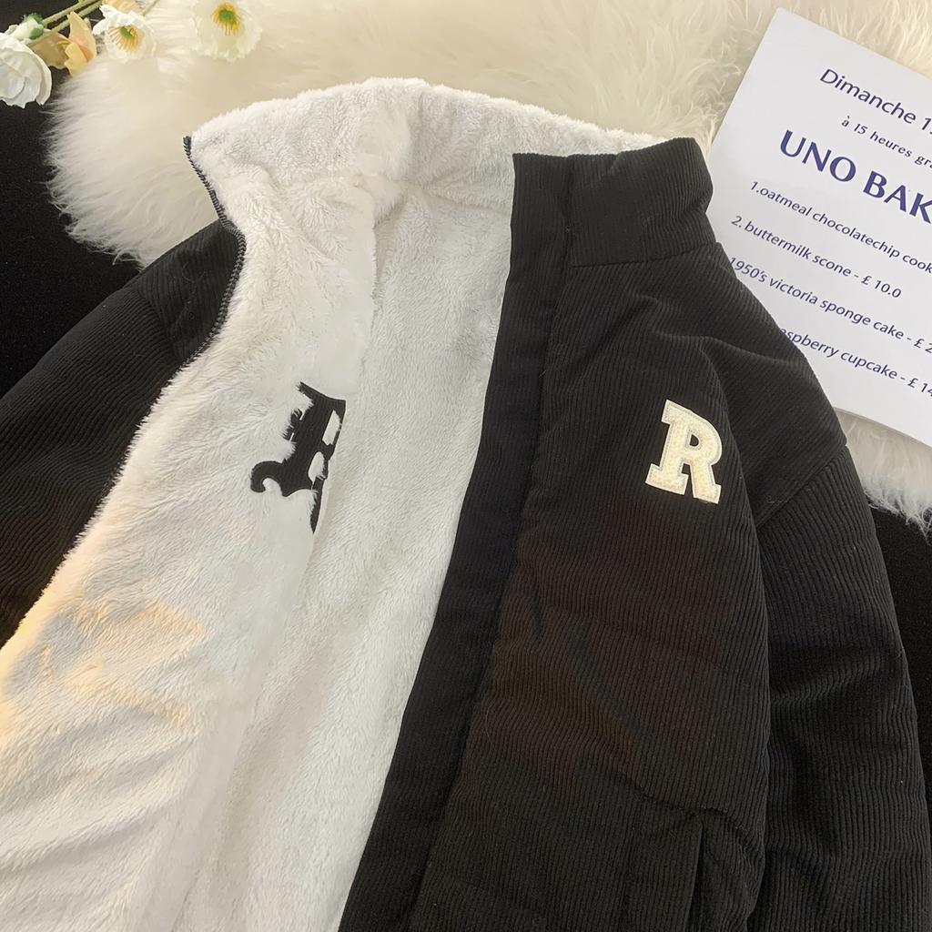 Double-sided Lamb Wool Cotton-padded Jacket Couple Winter Corduroy Cotton-padded Jacket with Fur and Down Cotton-padded Jacket.