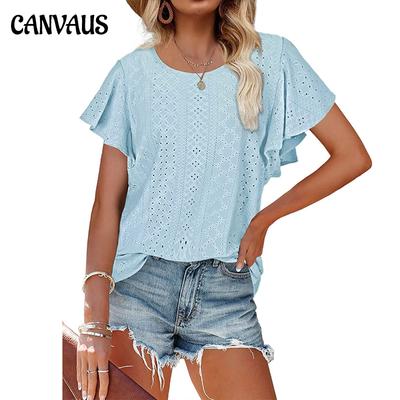 Haut femme évidé ceinturé col rond manches feuille de Lotus t-shirt style décontracté femmes
