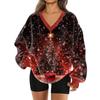 Women's Fashionable V-neck Christmas Printed Long Sleeved Casual Pullover Plush Warm Sweatshirt Top