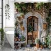Vintage Garden Wooden Door Potting Stone Wall European Street Shower Curtain, Bathroom Decorative Shower Curtain, Waterproof Sho