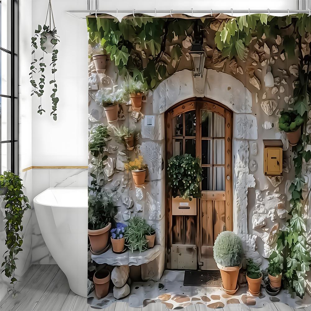 Vintage Garden Wooden Door Potting Stone Wall European Street Shower Curtain, Bathroom Decorative Shower Curtain, Waterproof Sho