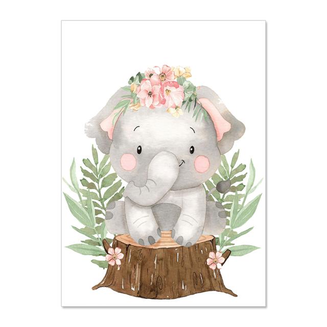 Cartoon Wearing Flowers Animal Leaves Nursery Wall Art Canvas Painting Posters And Prints Wall Pictures Baby Kids Room Décor No Frame