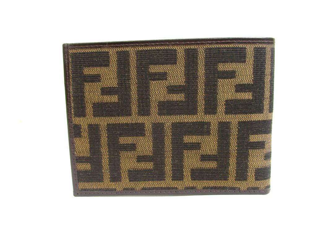 Authentic FENDI Zucca Khaki Canvas Brown Leather Bifold Wallet Compact Wallet #a934  Refurbished