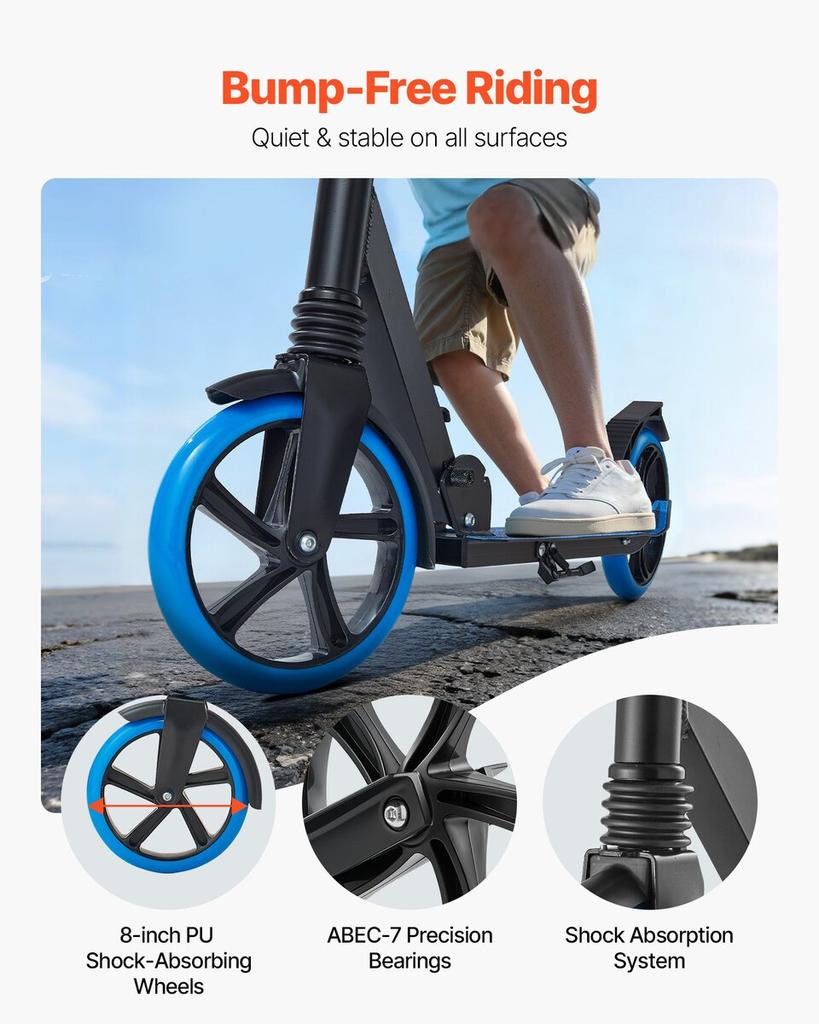 Kick Scooter for Kids Ages 8+, Teens & Adults, 2-Wheel Toddler Scooter with Adjustable Height Handlebar, Wide Anti-Slip Deck, Foldable Lightweight