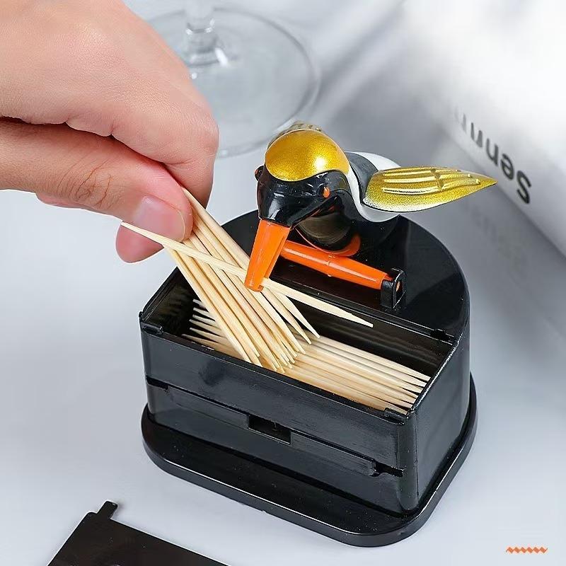 Automatic Toothpick Dispenser Bird Design Push Button Canister Organizer Desktop Storage Box and Toothpicksfor Home Office