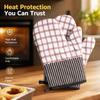Oven Gloves Pair Pink Checkered and Black Striped Heat Protection Mitts for Baking, Microwave, Stovetop and Hot Pans