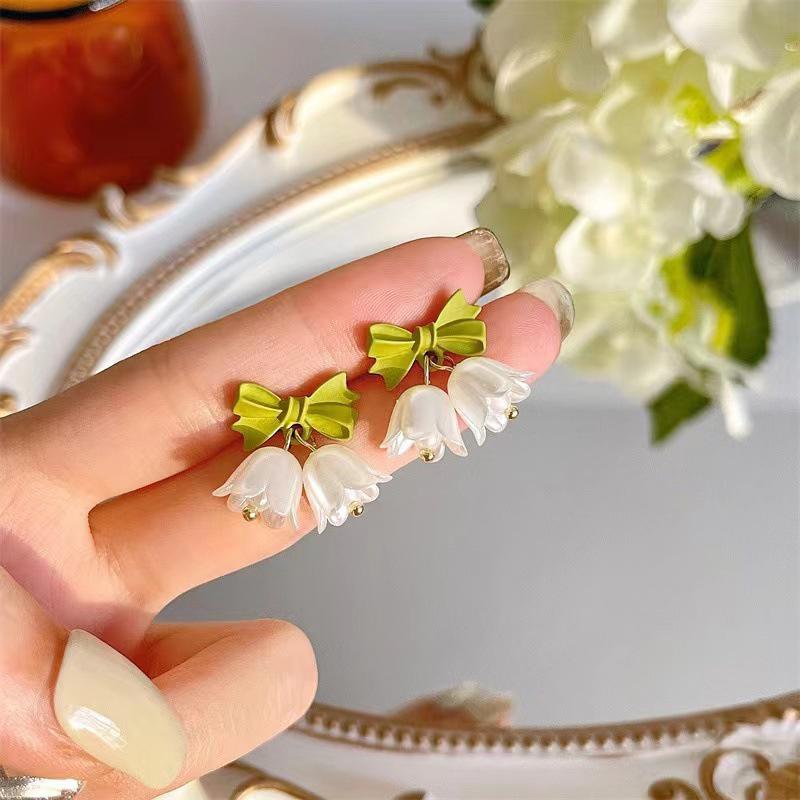 1Pair Sweet Bow Bell Orchid Stud Earrings For Women Girls Elegant Exquisite Versatile Advanced Sense Bowknot Earrings Jewelry