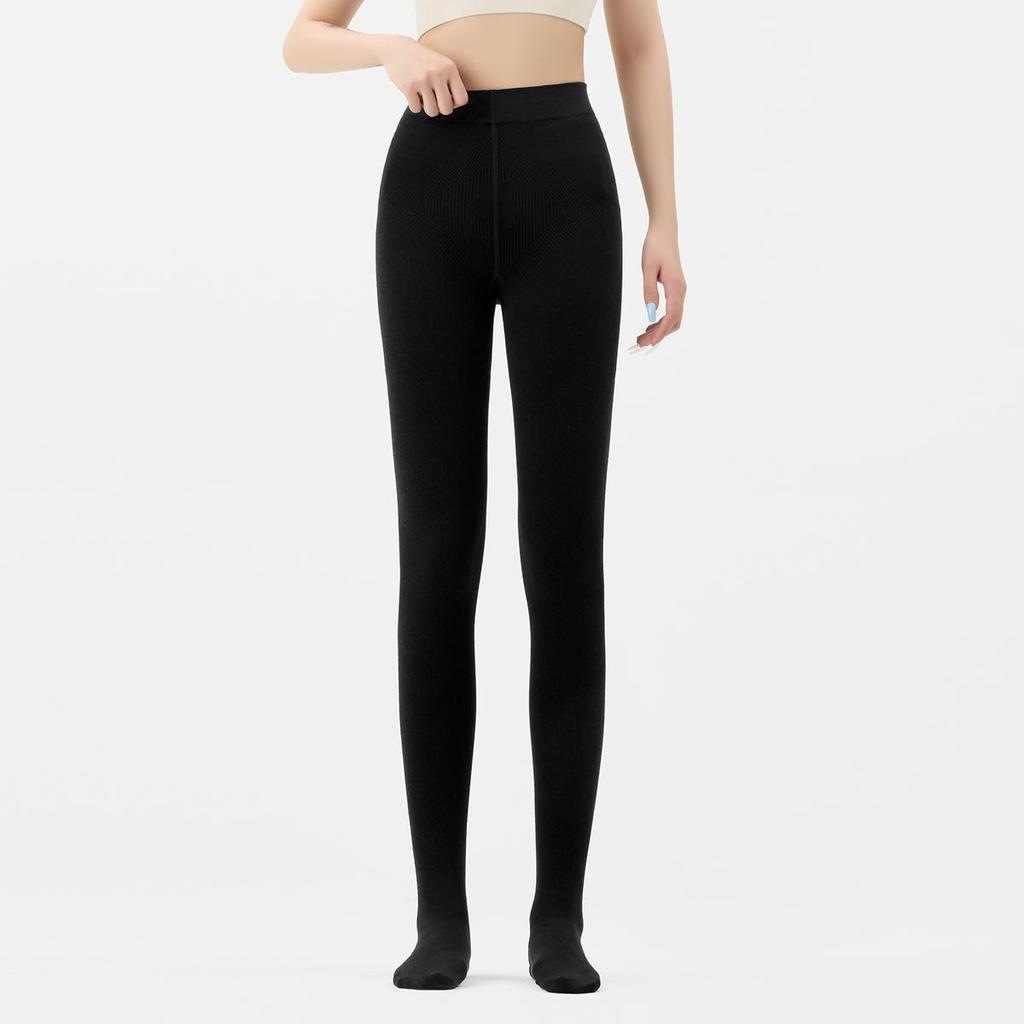 Thin Stripe Slim-Fit Fleece-Lined Women's High-Waist Grey Tights for Autumn & Winter, Non-Shedding
