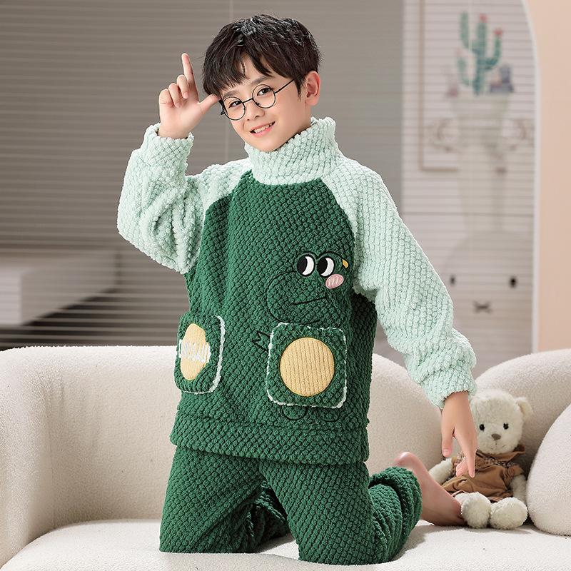 Kids Flannel Pajamas Set Boys Girls Warm Long Sleeve Top And Pants Sleepwear Winter Home Nightwear