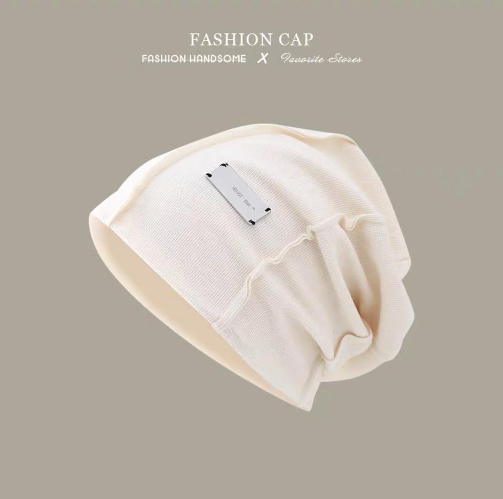 Women's Slouch Beanie: Metal Logo, Plain Color, Letter Knit, Large Head Circumference, Cloud Design - Autumn/Winter.