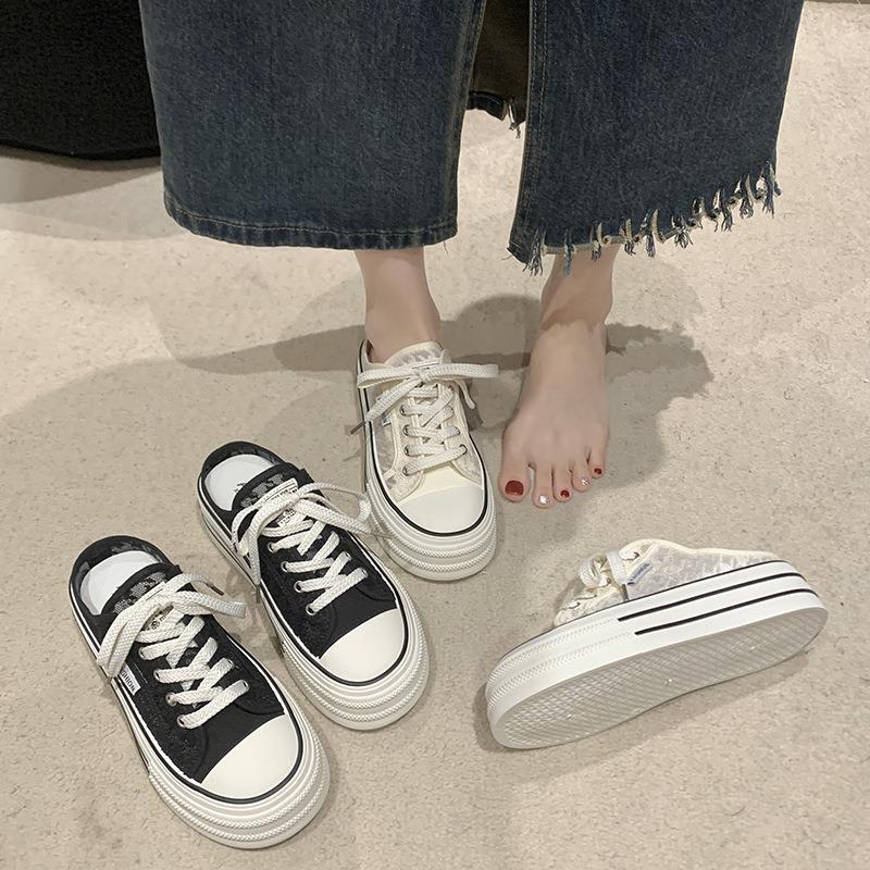 Fashion Summer Women's Shoes Breathable Canvas Slippers Fashion Platform Height Increasing Shoes for Women Casual BaoTou Half Slippers