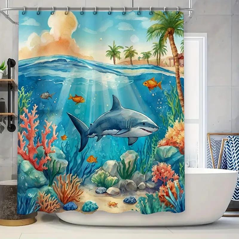 

Underwater Paradise Shower Curtain Blue Whale Coral Reef Design For Bathroom Decor W60H190(CM)-1 Pcs
