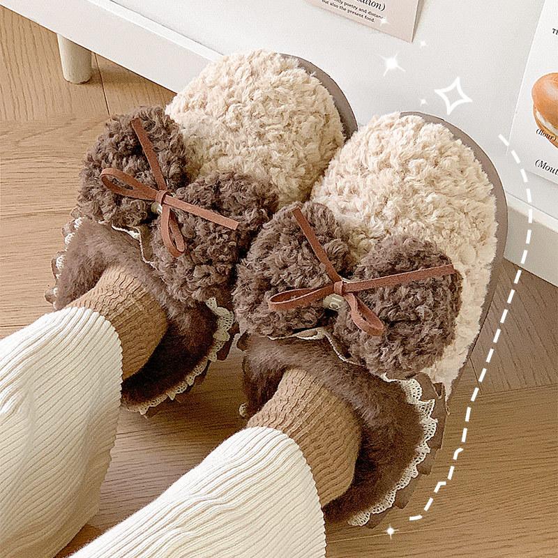 Winter new bow girl ballet wind cotton mop thickened warm plush home wear casual slippers