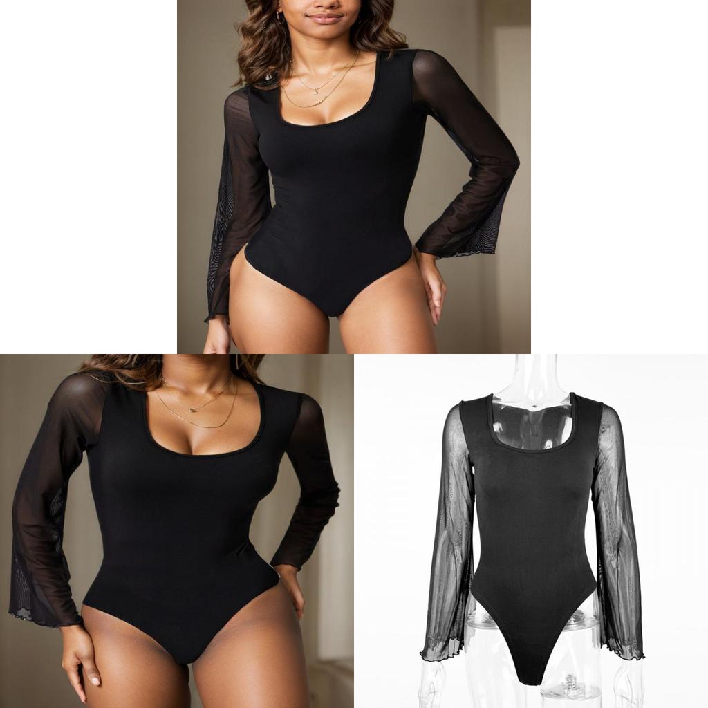 Sexy Spring Bodysuit With Mesh Sleeves And U Neck For Night Out Fashion