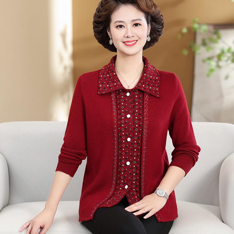 Modischer Patchwork-Strickjacke für Frauen mittleren Alters & ältere Frauen, Übergröße, Gestricktes Herbst/Winter Zweiteiler-Set