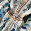 French Elegant Retro Style Printing Slim Dress Women's Long-sleeved V-neck Waist Thin A-shaped Long Dress High Sense