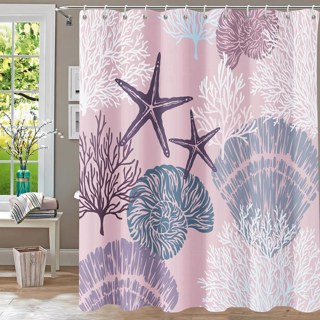 Nautical Coastal Shower Curtain Starfish Seashell Coral Ocean Beach Themed Bath Curtains Fabric Bathroom Decor with Hooks
