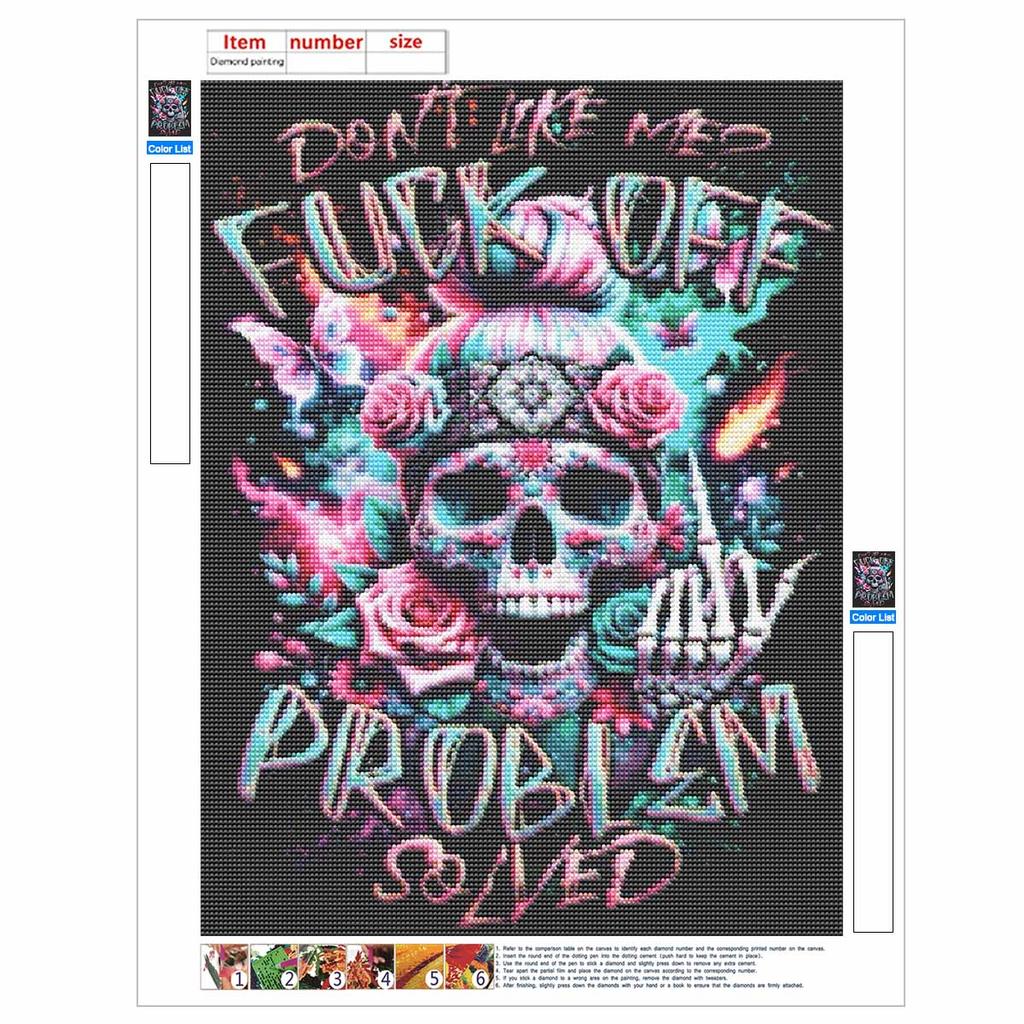 Skull Roses Fuck Off Problem Solved Full Round Drill Diamond Painting Kit DIY Sparkle Art Canvas for Adults Relaxing Craft and Home Decoration Gift