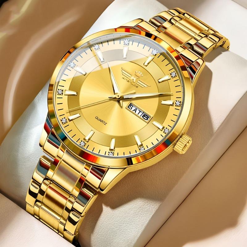 Top Brand New Men's Steel Band Waterproof Quartz Double Calendar Watch Luminous Scale Cross-Business Wristwatch