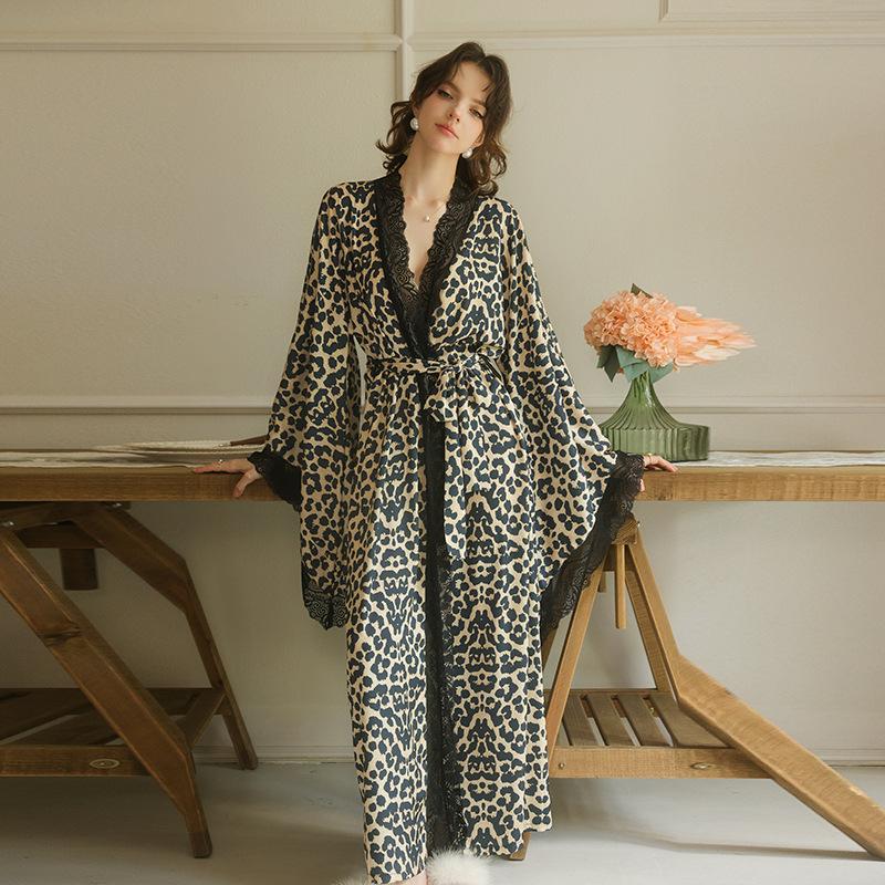 Leopard Print Lace Patchwork Robe with Flare Sleeves - Women's Tie-Up Bathrobe, Sexy Homewear