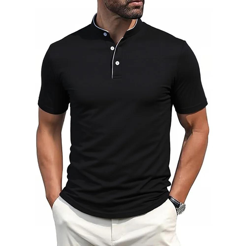 Men's Small Stand Collar Shirts Short-sleeved Polo Contrast Color Fashion Golf T-shirt Button Down Slim Fit