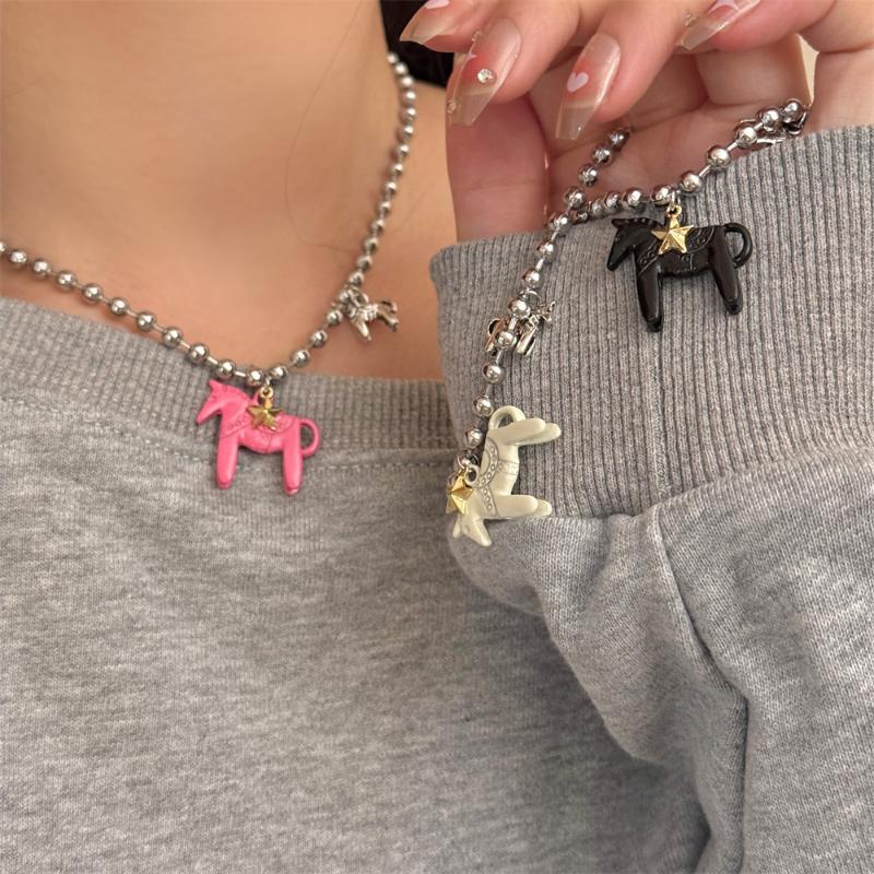 New Funny Enamel Colt Horse Pendant Necklaces For Women Silver Plated Alloy Beads Chain Chokers Jewelry Gift