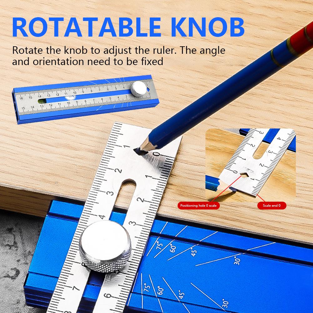 Multi-Angle Woodworking Marking Ruler 6-in-1 Foldable Alloy Depth Gauge With Bubble Level 15°-90° Adjustable Square Layout Tool