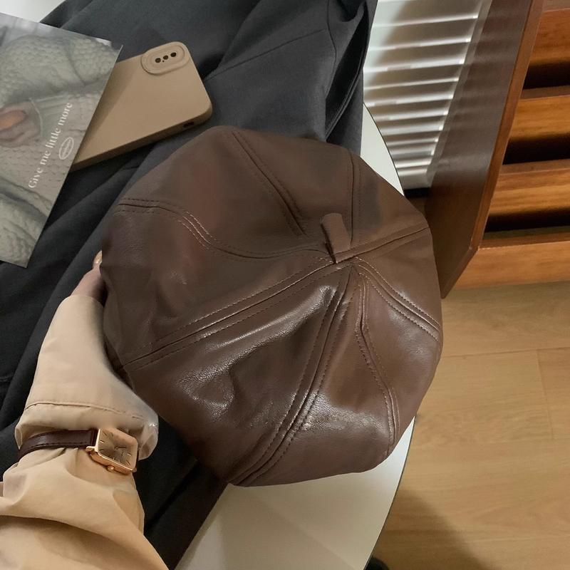 

Unisex PU Leather Solid Color Beret Hats Autumn Winter Artist Painter Beret Hat for Women Outdoor Octagonal Cap 55-57cm кавовий