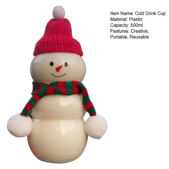 Garrafa de Bebida Boneco de Neve de Natal com Chapéu e Cachecóis 500ml Copo de Plástico à Prova de Vazamentos para Suco e Leite Garrafa de Água Reutilizável para Crianças