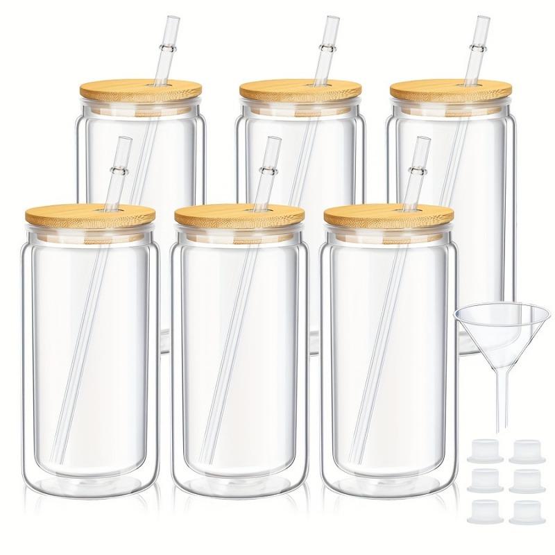 6PCS 16oz Clear Plastic Cup Bamboo Lids Straw Cup Double Wall Snow Globe Tumbler Pre-Drilled Water Bottle Mason Jar Mug Drinking