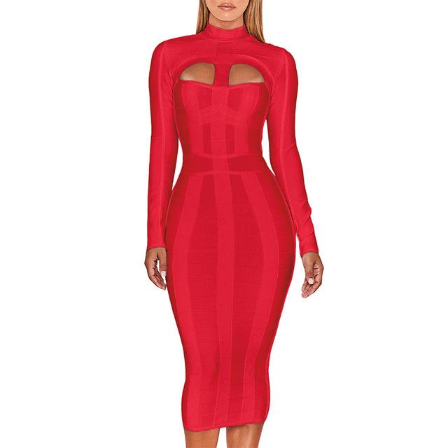European & American Autumn/Winter Women's Long-Sleeve Sexy Hollow Chest Slim Bandage Dress