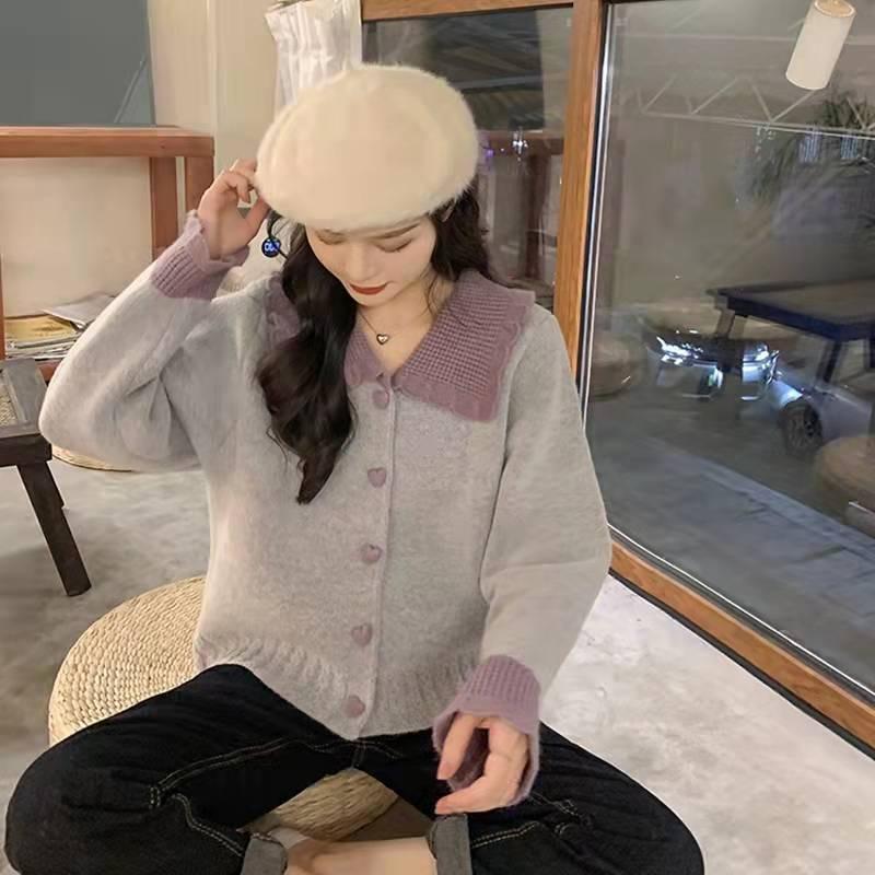 Autumn contrasting knitted cardigan women's sweet lace loose and thin top jacket women's clothing