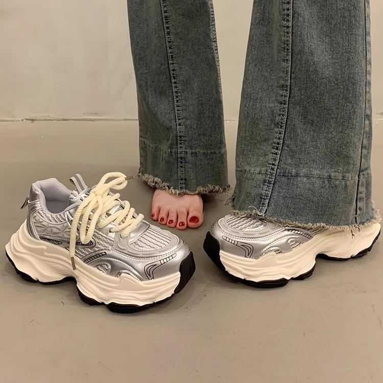 Fried Street Platform Dad Shoes Women's Height Increase Versatile Casual Shoes New Spring and Autumn Breathable Silver Sneakers
