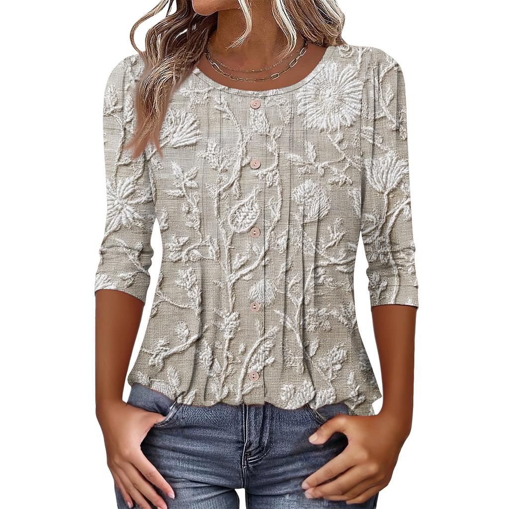 Women's Fashionable Casual Three,quarter Sleeve Button,down Retro Floral Round Neck Top