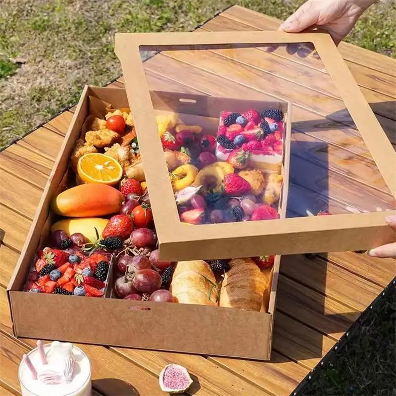 2pcs, Picnic Box With Window Lid, Outdoor Camping Style Kraft Paper Packaging Box, Baking Light Food Fruit Dessert Lunch Box