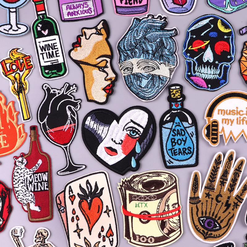 Punk /Heart Embroidery Patch Iron On Patches For Clothing Thermoadhesive Patches On Clothes Cartoon /Bottle Patch Sew Applique Diy