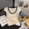 Vielseitiges Strick-Colorblock-Kurzarm-Damen-High-End-Rundhalsoberteil im koreanischen Stil