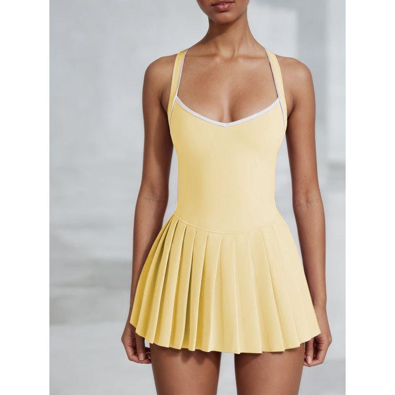 Foreign Trade New Belt Chest Pad Yoga One-Piece Skirt Color Matching Pleated Skirt High Elastic Quick-Drying Anti-exposure Golf Tennis Skirt