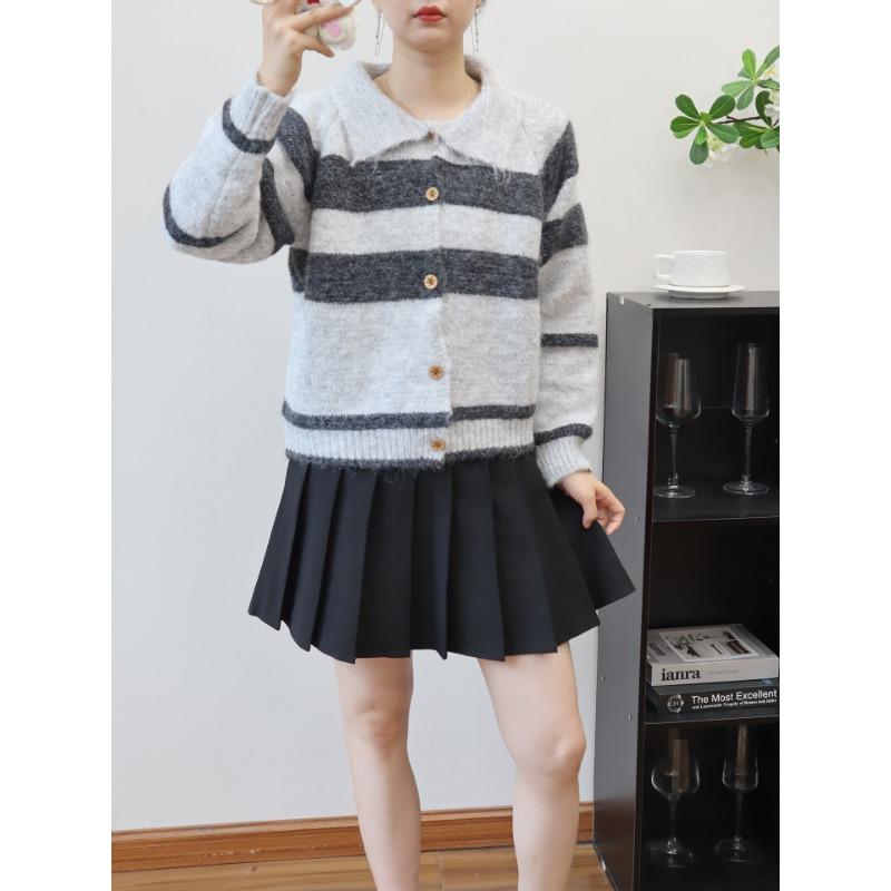 Contrasting striped lapel knitted cardigan autumn and winter new short loose lazy soft waxy sweater jacket women