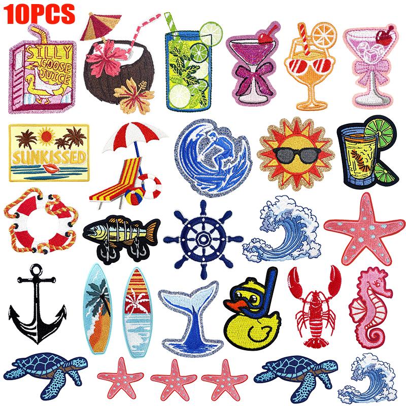 10pcs /Lots Cartoon Summer Surf Style Embroidered Fruit Drinks Patch Iron On Patches For Clothing Lobster Turtle Starfish Sew Diy